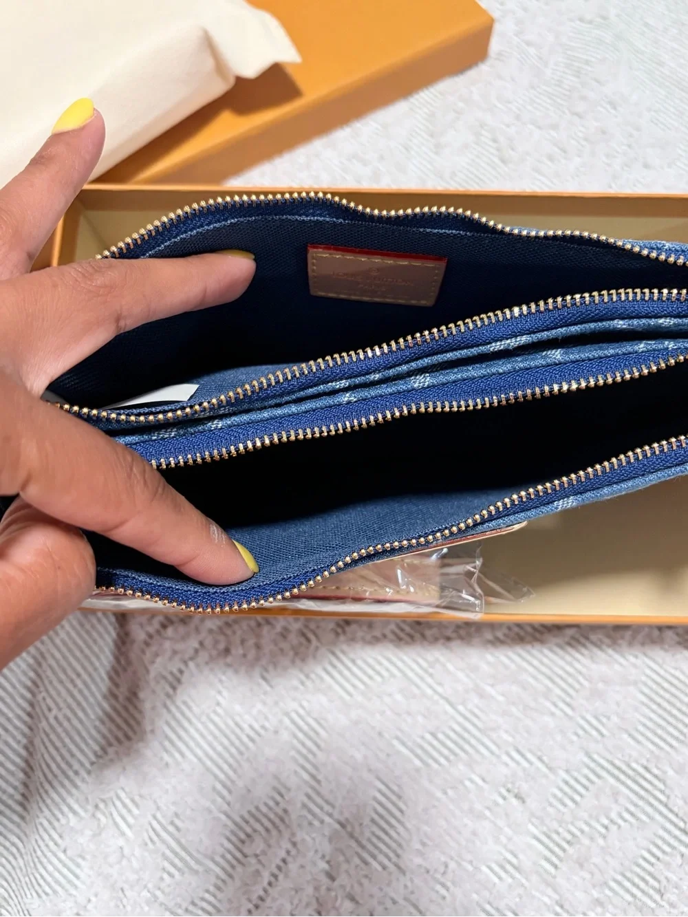 Blue Denim Monogram Zip double Pouch with Straps & Gold Plaque
